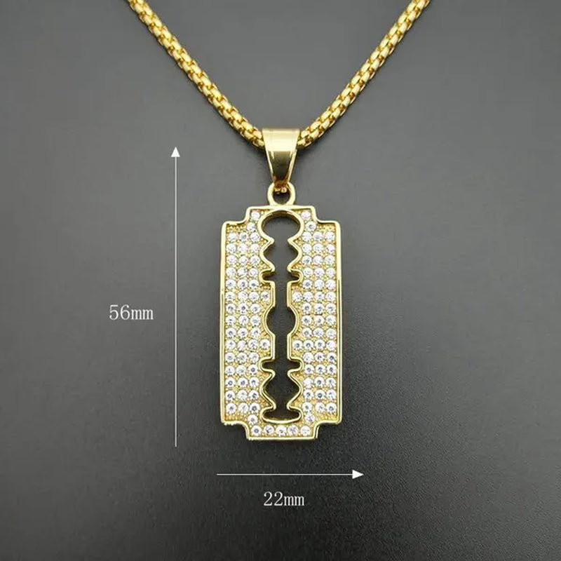 316 Stainless Steel Gold Plated Diamond Blade Pendant Necklace Men's Hip Hop Jewelry