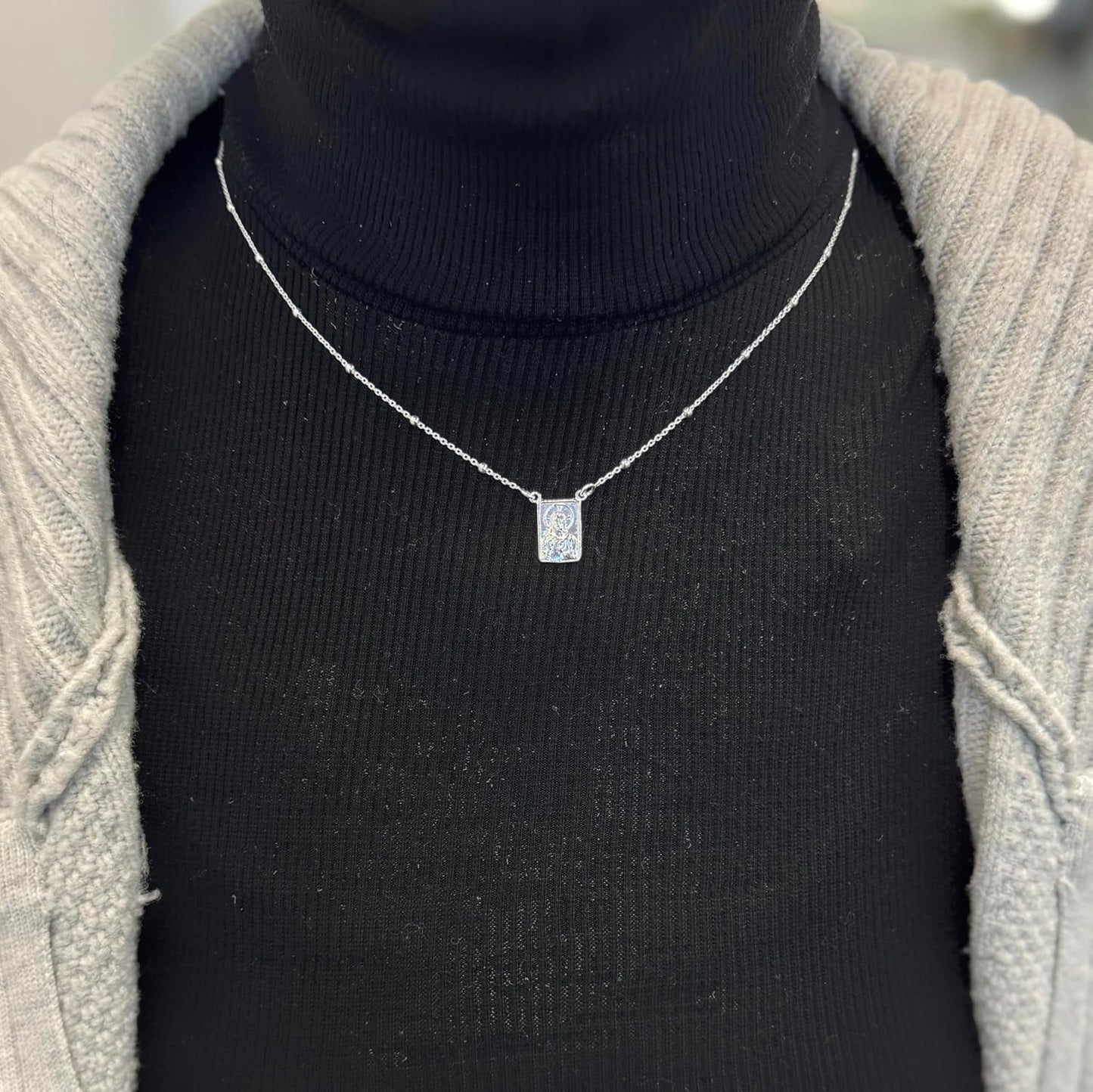 FRONAY Sterling Silver Scapular Necklace for Women, Sacred Heart of Jesus & Our Lady of Mount Carmel Medal, Double Sided Single Pendant, 16 Inches