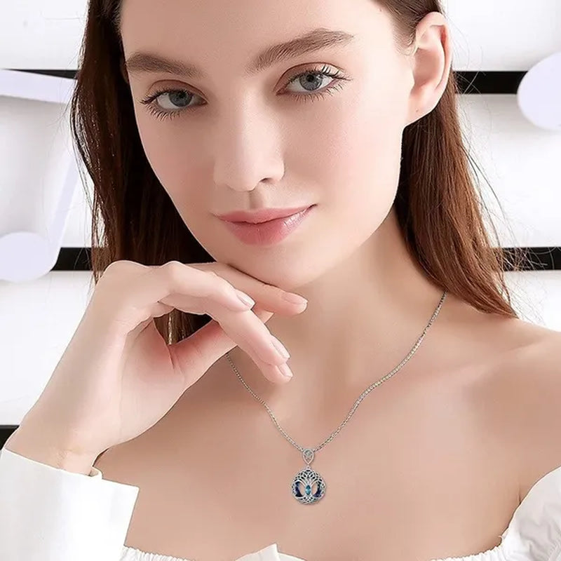 European and American Fashion Women Celtic Life Tree Crystal Pendant Necklace 925 Sterling Silver Star Round Sapphire Necklace Anniversary Party Birthday Gifts for Daughte