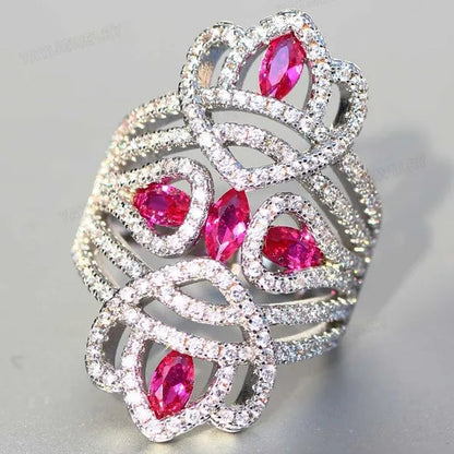 Silver Natural Gemstones White Sapphire & Ruby Ring Birthstone Bride Wedding Engagement Multilayer Princess Cross Ring Size 6 7 8 9 10