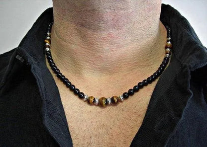 Black Onyx Tiger Eye Silver Accents Men'S Necklac