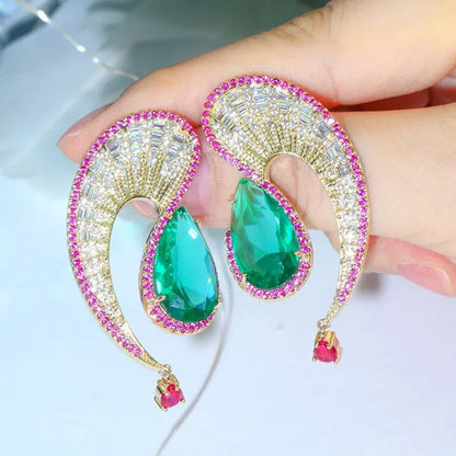 CANDICE Noble Micro Pave Tiny CZ Crystal Unique Leaf Shape Earrings with Green Water Drop Stones Ethiopian Gold Plated Wedding Banquet Jewelry for Women