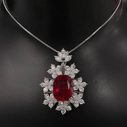 Fashion Women's 4 Prong Setting Oval Cut Ruby Pendant Side Stone Flower Lab Diamond Necklace Bridal Engagement Necklace Jewelry