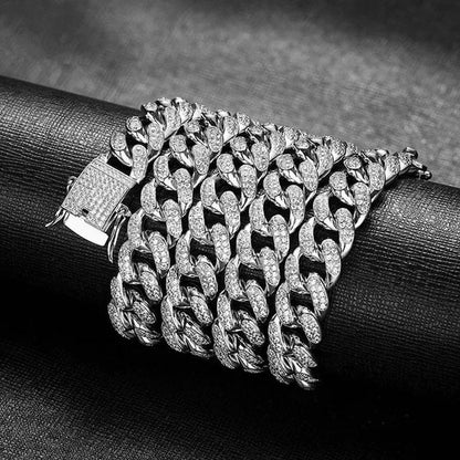 1pc Iced Out Bling Rhinestone Crystal Gold Finish Miami Cuban Link Chain Diamond Gold/925 Silver Men's Hip Hop Necklace or Bracelet Jewelry 8/20/24/28 Inch