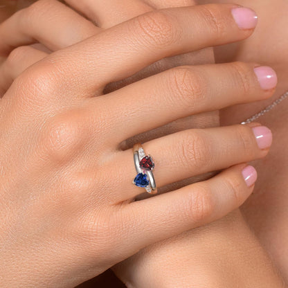 925 Sterling Silver Red Garnet and Blue Created Sapphire and Lab Grown Diamond Women Engagement Ring (1.24 Cttw. Heart Shape 5MM, Available in Size 5, 6, 7, 8, 9)