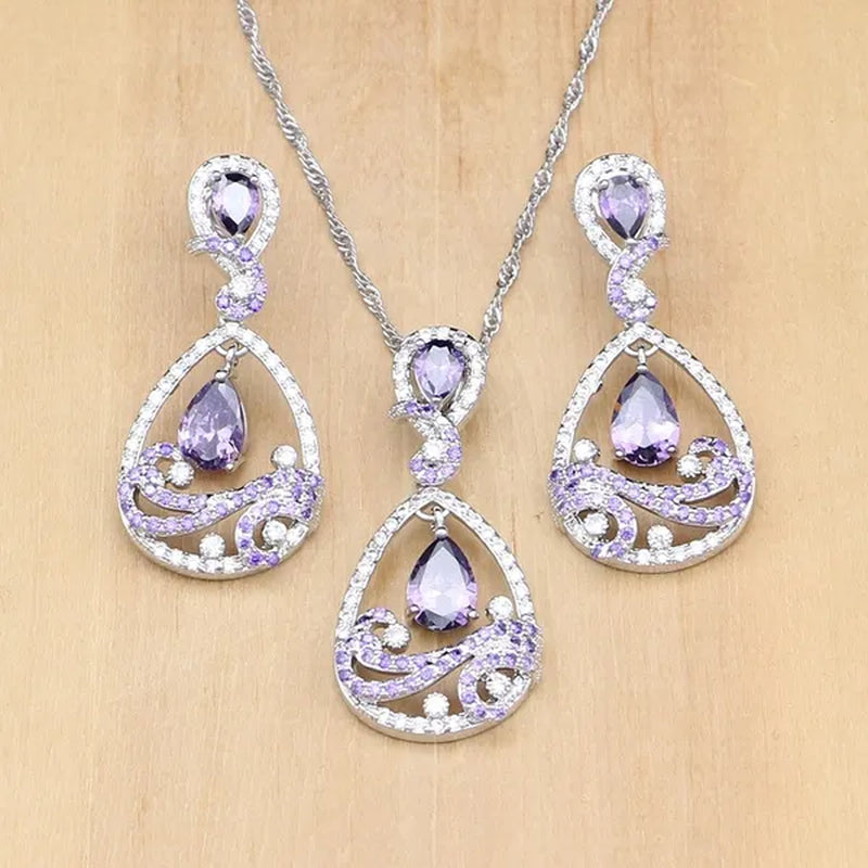 925 Silver Jewelry Sets Black Sapphire White Topaz Decoration For Women Party Earrings/Pendant Necklace Set