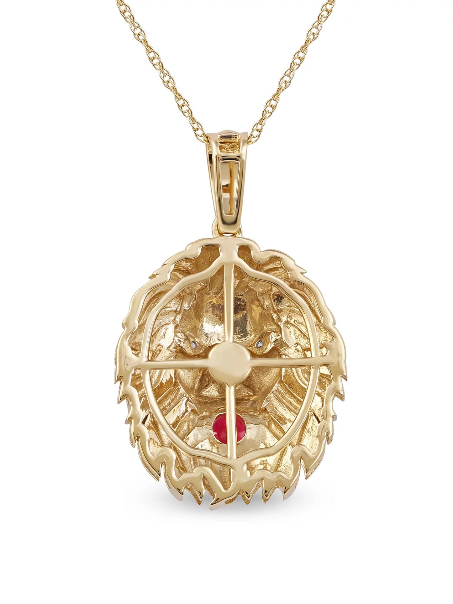 Gemstone 10K Yellow Gold round Cut Ruby Lion Head Men'S Fashion Necklace
