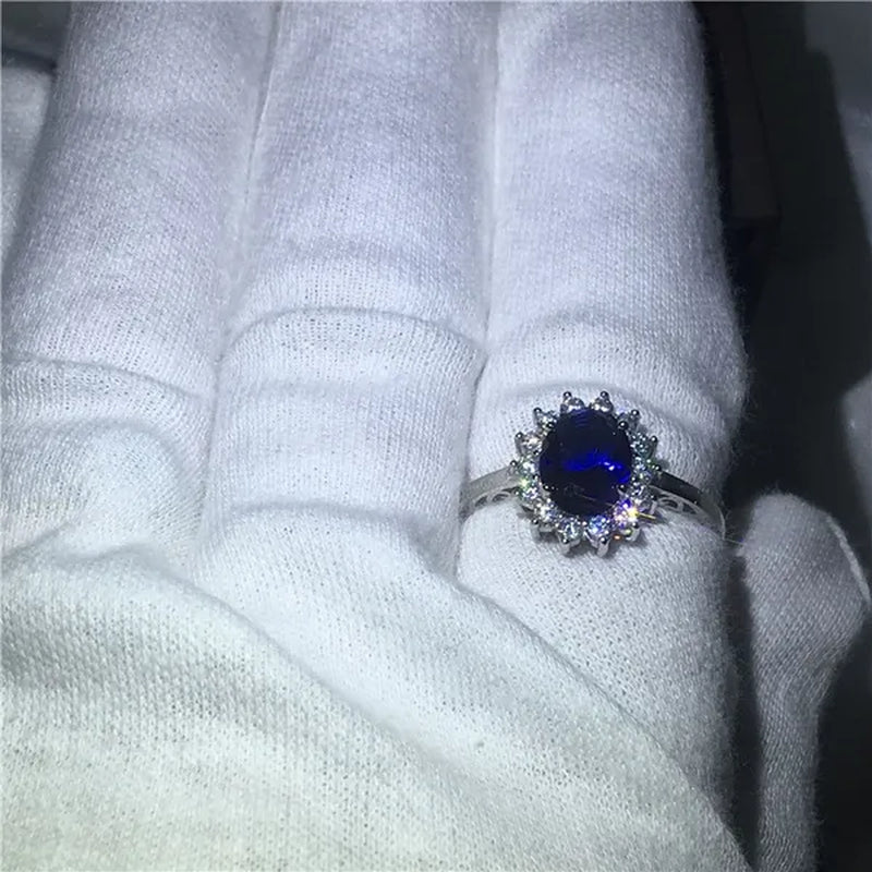 Royal Jewelry Princess Diana Soild Silver Color Ring Sapphire Cz Diamond Engagement Wedding Band Rings for Women Bridal Size 5-11 Bague Femme