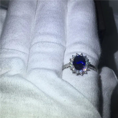 Royal Jewelry Princess Diana Soild Silver Color Ring Sapphire Cz Diamond Engagement Wedding Band Rings for Women Bridal Size 5-11 Bague Femme