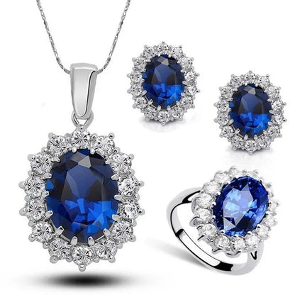 Fashion Natural 925 Silver Sapphire Ring Earring Necklace Set Ladies High-End Crystal Diamond Three-Piece Set Women'S Wedding Jewelry Party Gift Europe and America