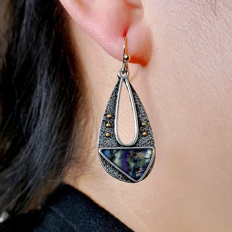 1 Pair Antique 925 Sterling Silver Pendant Earrings Natural Gemstone Inlay Dangle Earrings Bridal Engagement Wedding Anniversary Gift Bohemian Style Earrings