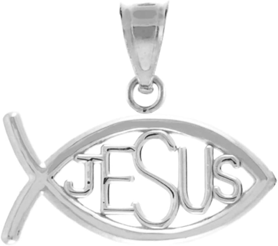 925 Sterling Silver Horizontal Jesus Ichthus Charm Christian Fish Pendant Necklace