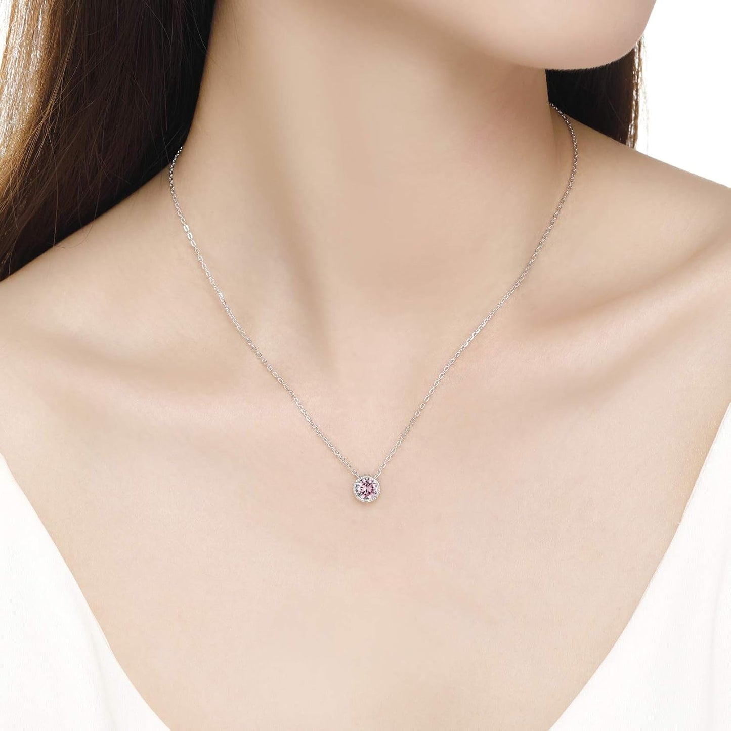 Sterling Silver Dainty Birthstone Pendant Necklace S925 White Gold Tiny Solitaire CZ Pendant Birthday Gift for Women