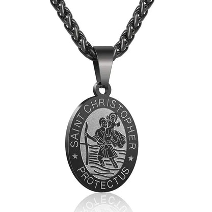 Religious Catholicism Amulet Oval Saint Christopher Necklace for Men Women, 316L Stainless Titanium Steel Catholic Patron Saint of Travellers St Christopher Pendant with Chain 23.6 Inches Black / Silver / Gold