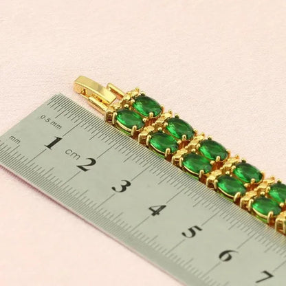 Flawless Long Gold Color Women Jewelry Sets Green Zircon Drop Earrings Necklace Pendant Rings Oval Bracelet Dating Gift
