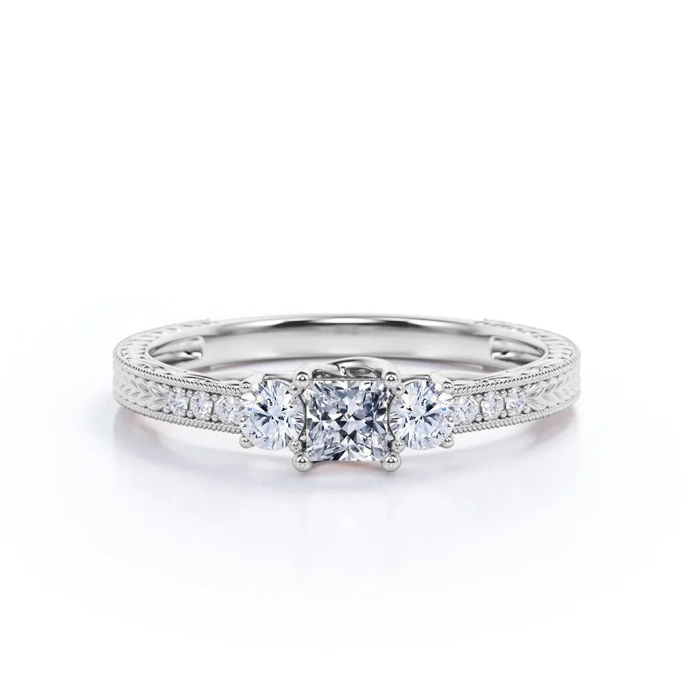 Vintage Half Carat Princess Cut Diamond - Channel Set Band - Edwardian Engagement Ring in 10K White Gold