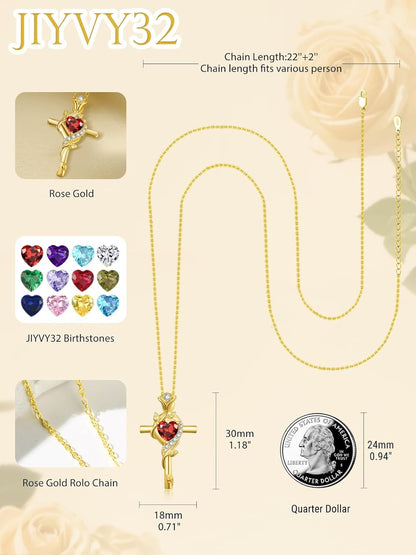 Rose Cross Necklaces for Women, 14K/18K/24K Gold/Rose Gold Cross Jewelry with Birthstone Pendant, Valentines Day Birthday Gifts for Women, 18+2 Inch Chain