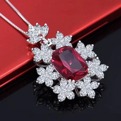 Fashion Women's 4 Prong Setting Oval Cut Ruby Pendant Side Stone Flower Lab Diamond Necklace Bridal Engagement Necklace Jewelry