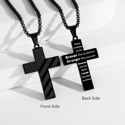 American Flag Cross Necklace for Men Stainless Steel Box Chain 22+2 Inch Inspirational Bible Verse Cross Pendant Patriotic Jewelry Personalized Christian Gift for Men