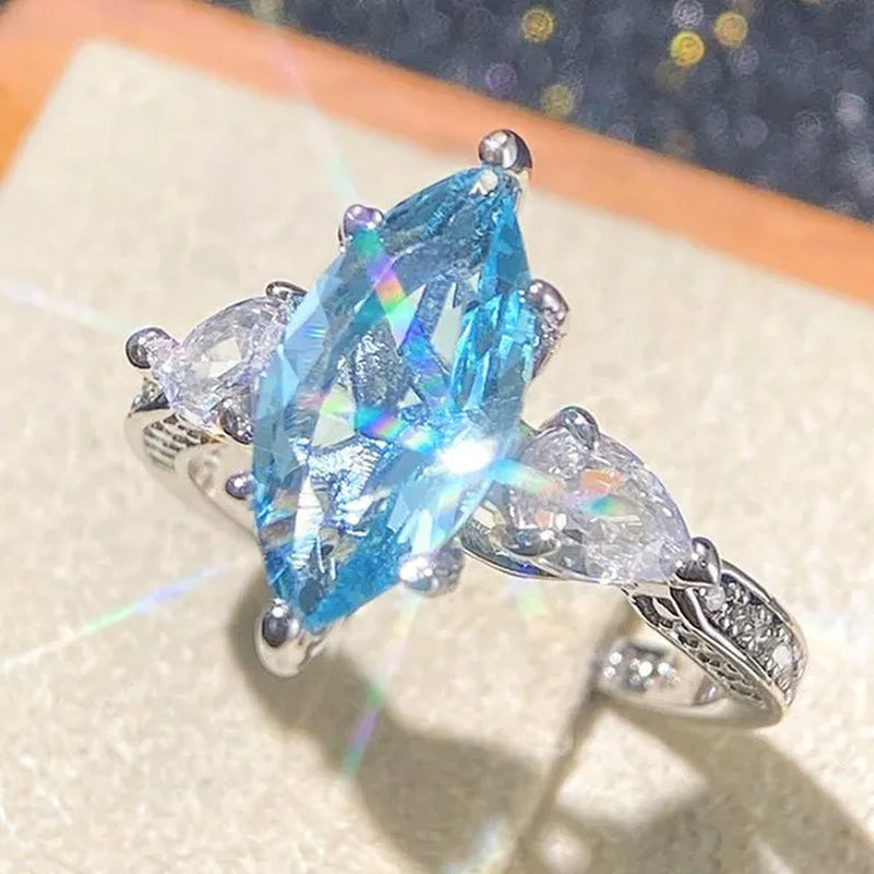 Exquisite Marquise Cut Sea Blue Sapphire 925 Sterling Silver Aquamarine Gemstone Rings for Women Bridal Wedding Ring Jewelry