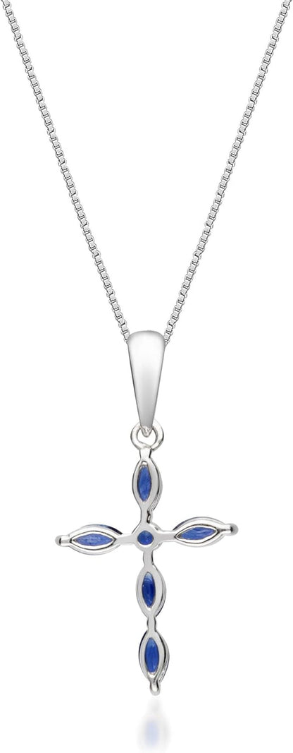 10K White Gold Cross Pendant Genuine Blue Sapphire Diamond (I1,I2) Pendant for Women