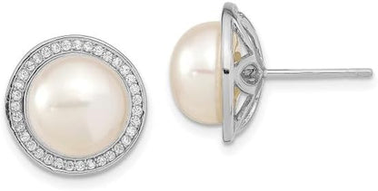 925 Sterling Silver 10 11Mm Button Freshwater Cultured Pearl Cubic Zirconia CZ Stud Earrings