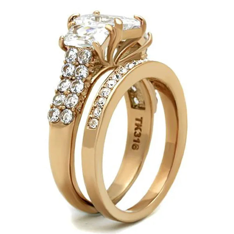 Women's Stainless Steel 316 Rose Gold Emerald Cut Zirconia Wedding Ring Set Size 5-10