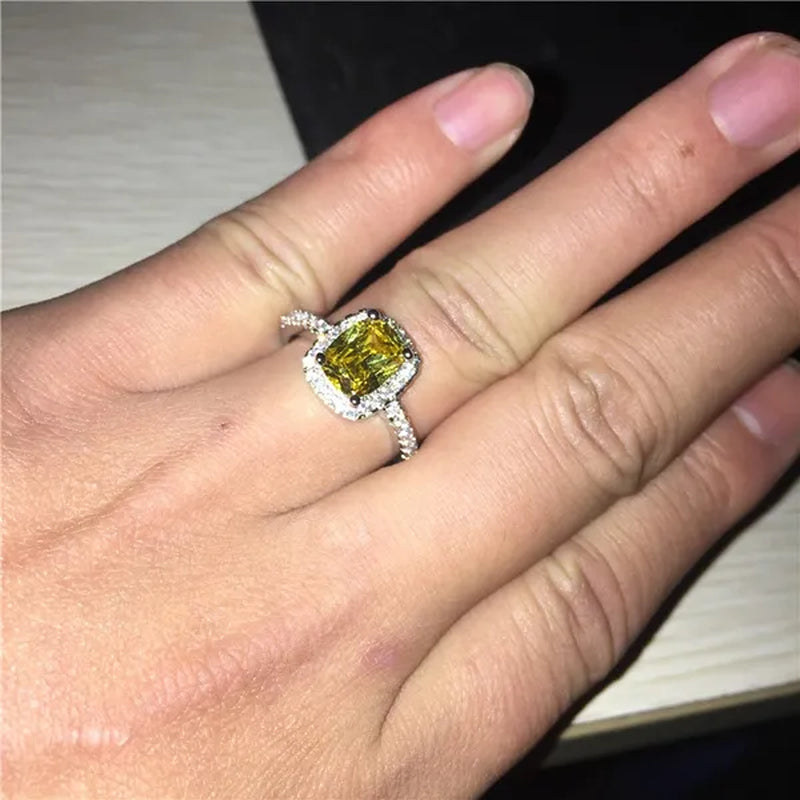 New Quality wholesale 100% Real Pure 925 Sterling Silver 3ct Yellow Topaz Square CZ Diamond rings Elegant Women Engagement Wedding Rings