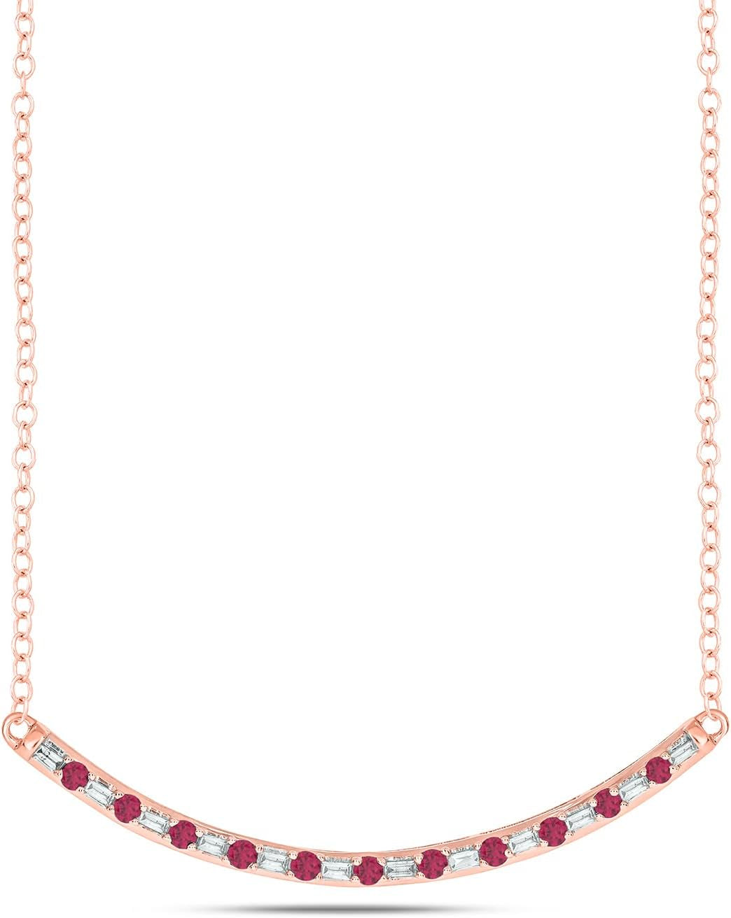 1/8Cttw Baguette and round Gemstone Necklace for Women, Diamond and Gemstone Bar Necklace in 14K Yellow, Rose or White Gold, Women'S Curved Line Necklace in Choice of Four Natural Gemstones, 18" Chain