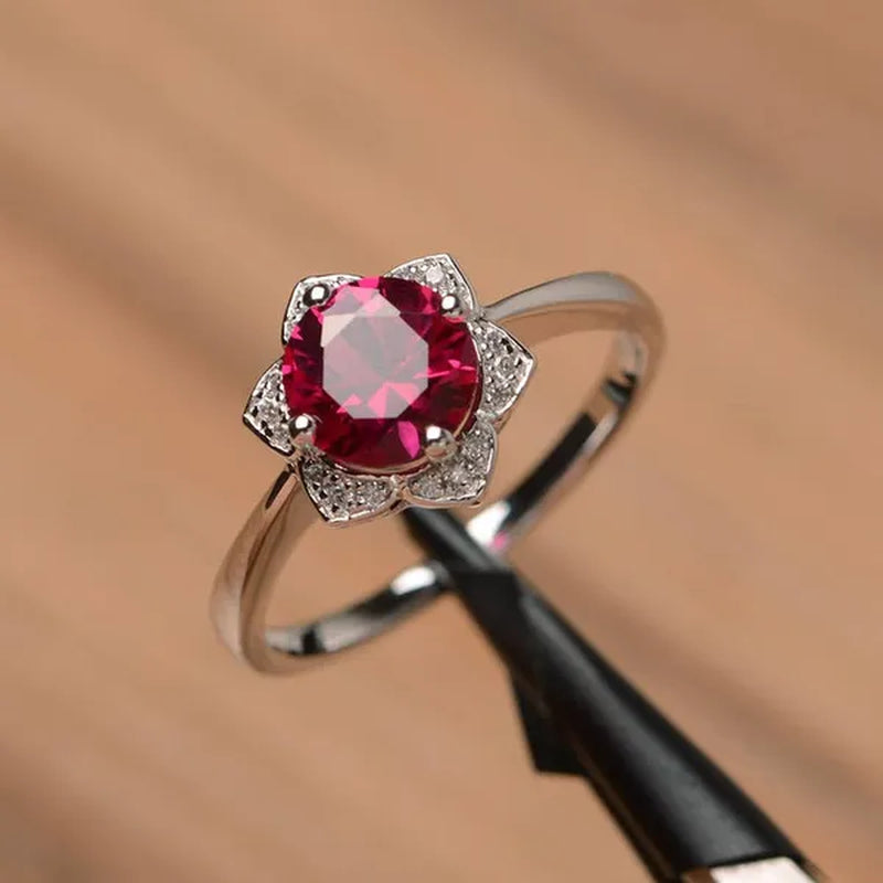 Ruby Ring Sterling Silver Wedding Engagement Ring Round Cut Red Gemstone Ring July Birthstone Sunflower Ring