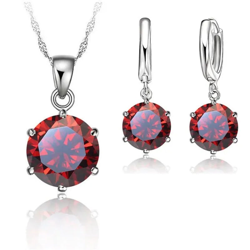 Woman 925 Sterling Silver 8MM Jewelry Sets Cubic Zircon Crystal Lever Back Earrings Pendant Wedding Necklace Nice Gifts 8MM Stone