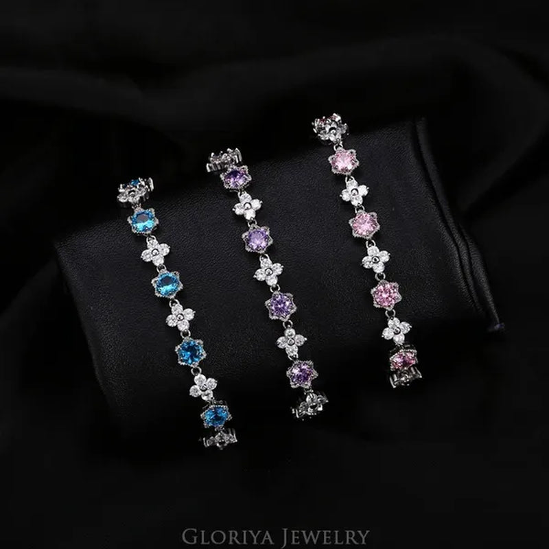 Gloriya Elegant Goddess Silver Plated Link Bracelet Cluster Flower Shape White and Blue AAA Grade Zircon Charm Tennis Bracelet for Women