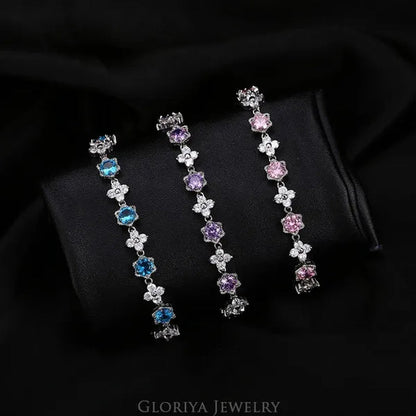 Gloriya Elegant Goddess Silver Plated Link Bracelet Cluster Flower Shape White and Blue AAA Grade Zircon Charm Tennis Bracelet for Women