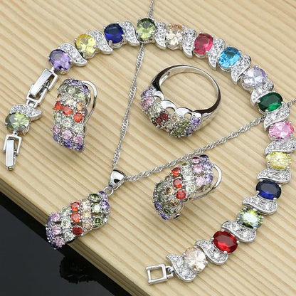 Silver 925 Gemstones Jewelry Sets for Women Ring Earrings Necklace Sapphire Ruby Amethyst Female Wedding Wholesale