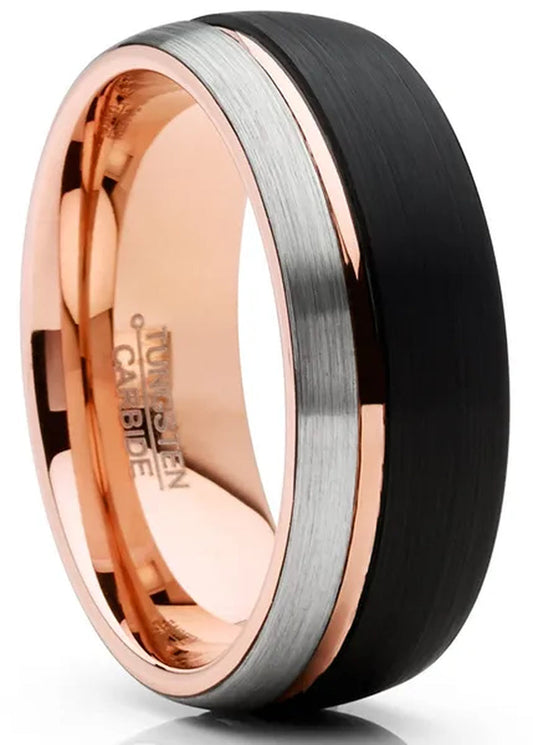 Mens Tungsten Ring Dome Wedding Band Tri-Color Groove Rose Goldtone Black Comfort-Fit 8MM