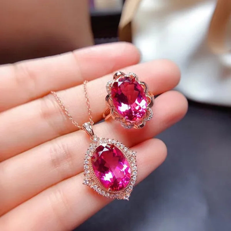 Newest Design Gemstone Jewelry Gold-plated South Africa Zircon AAA  Ellipse Red Tourmaline Necklace Pendant Opening Adjustable Ring Set for Women