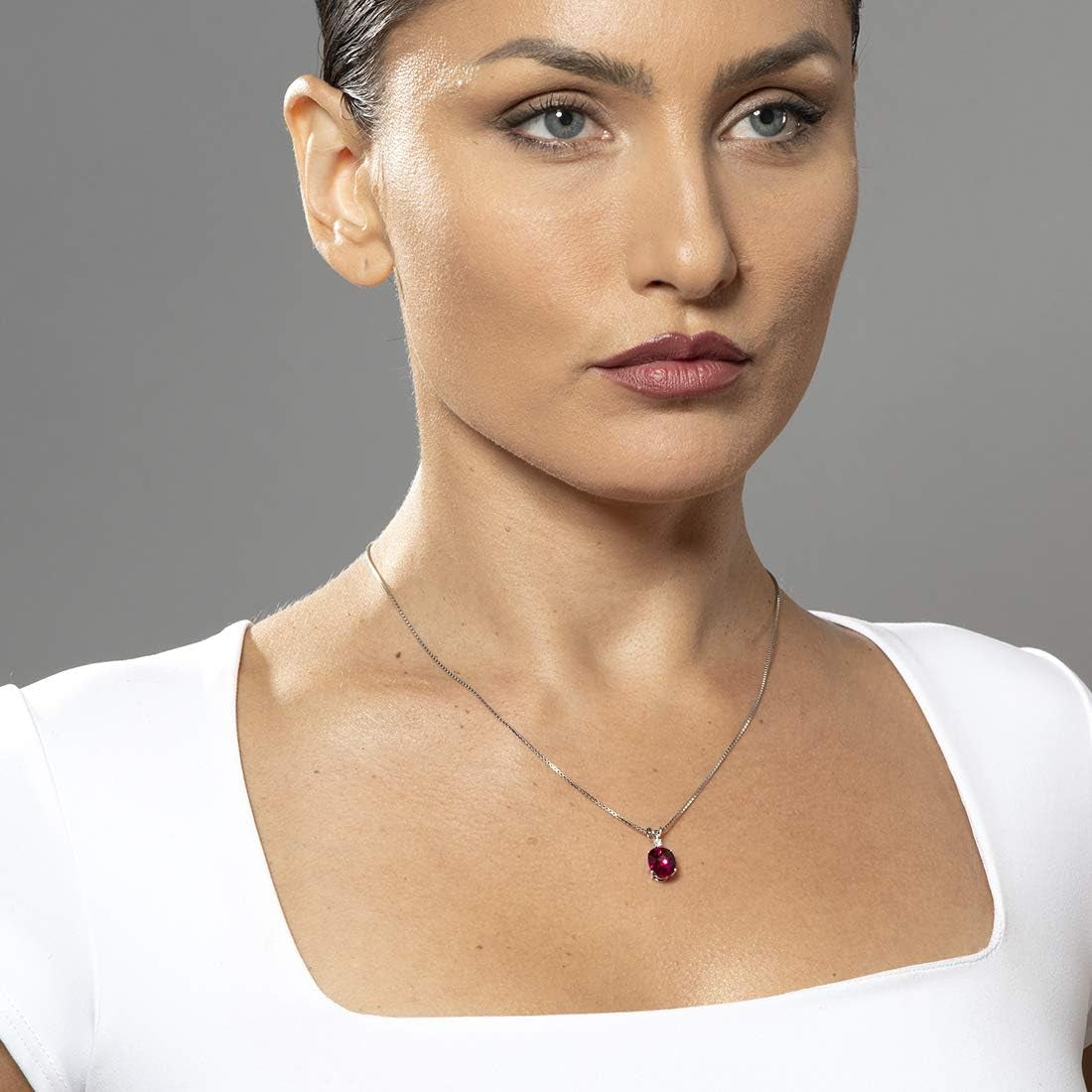 Created Ruby with Genuine Diamond Pendant in 14K White Gold, Elegant Solitaire, Oval Shape, 10X8Mm, 3.50 Carats Total, Sparkling V-Day Gift, Women Gift Ideas W/Jewelry Box