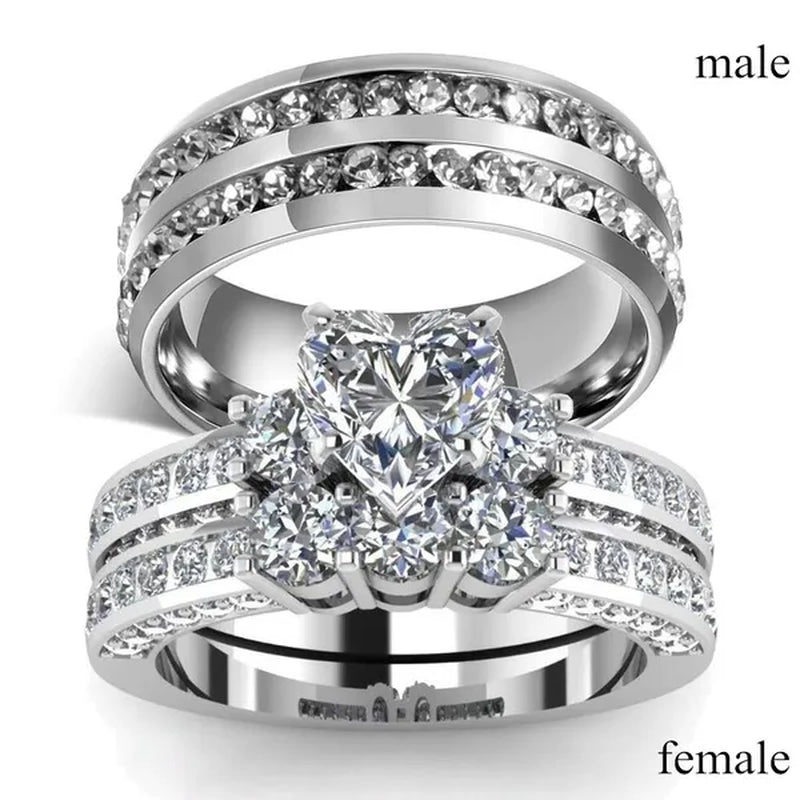 2020 Romantic Couple Jewelry Men's 316 Stainless Steel Double Row Zircon Ring And Ladies Heart Ring Set Couple Ring Bride Wedding Engagement Jewelry(Include: man ring or woman ring)