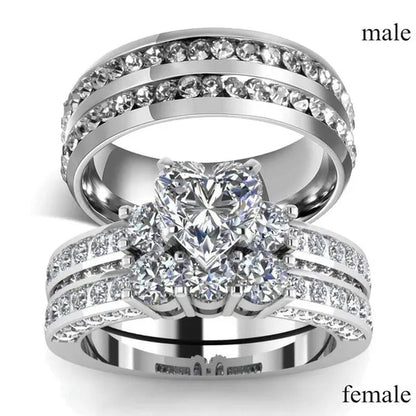 2020 Romantic Couple Jewelry Men's 316 Stainless Steel Double Row Zircon Ring And Ladies Heart Ring Set Couple Ring Bride Wedding Engagement Jewelry(Include: man ring or woman ring)