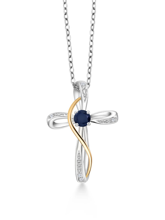 925 Sterling Silver and 10K Yellow Gold 2 Tone Blue Sapphire and White Lab Grown Diamond Infinity Cross Pendant Necklace for Women (0.38 Cttw, with 18 Inch Chain)