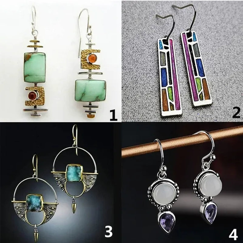 1 Pair Antique 925 Sterling Silver Pendant Earrings Natural Gemstone Inlay Dangle Earrings Bridal Engagement Wedding Anniversary Gift Bohemian Style Earrings