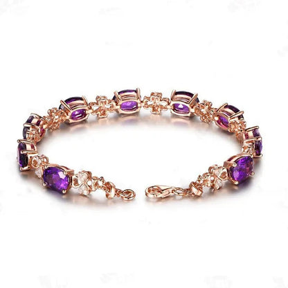 Fashion Amethyst Flower Pendant Necklace Water Drop Cubic Ziconia Earrings Four Leaf Clover Bracelet Double Heart Open-End Ring Jewelry Set For Women Gift