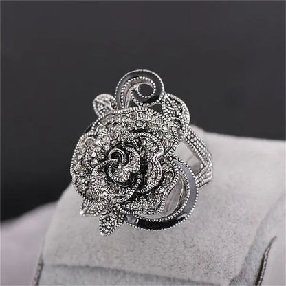 US/UK Trendy Women Retro Rose Flower Ring Black Crystal Vantige Big Flower Rings Jewelry Gift