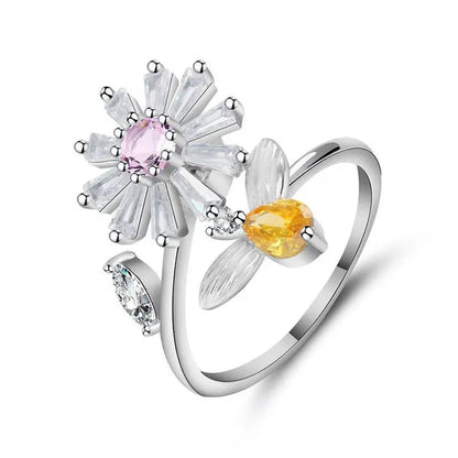 Flower Bees Silver Multicolor Creative Sweet Cute Princess Rings Daisy Opening Ring Adjustable Ring Anniversary Statement Natural Gemstones Pink Sapphire White Sapphire Ring