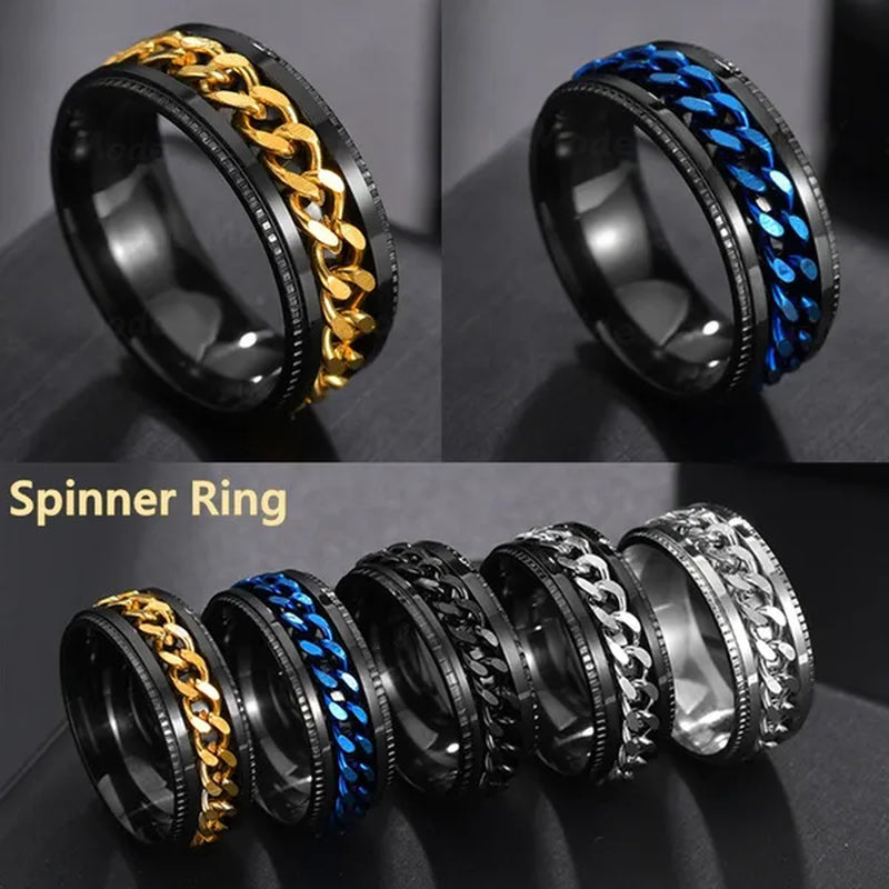 Fashion Punk Stainless Steel 8Mm Rings for Men Chain Rings Biker Grooved Edge, Size 6-12