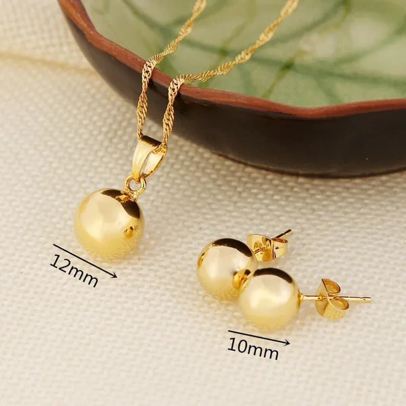 Ball Round Pendant Necklace Ball Round Earrings Jewelry 24K Gold Women Best Party Fine Jewelry