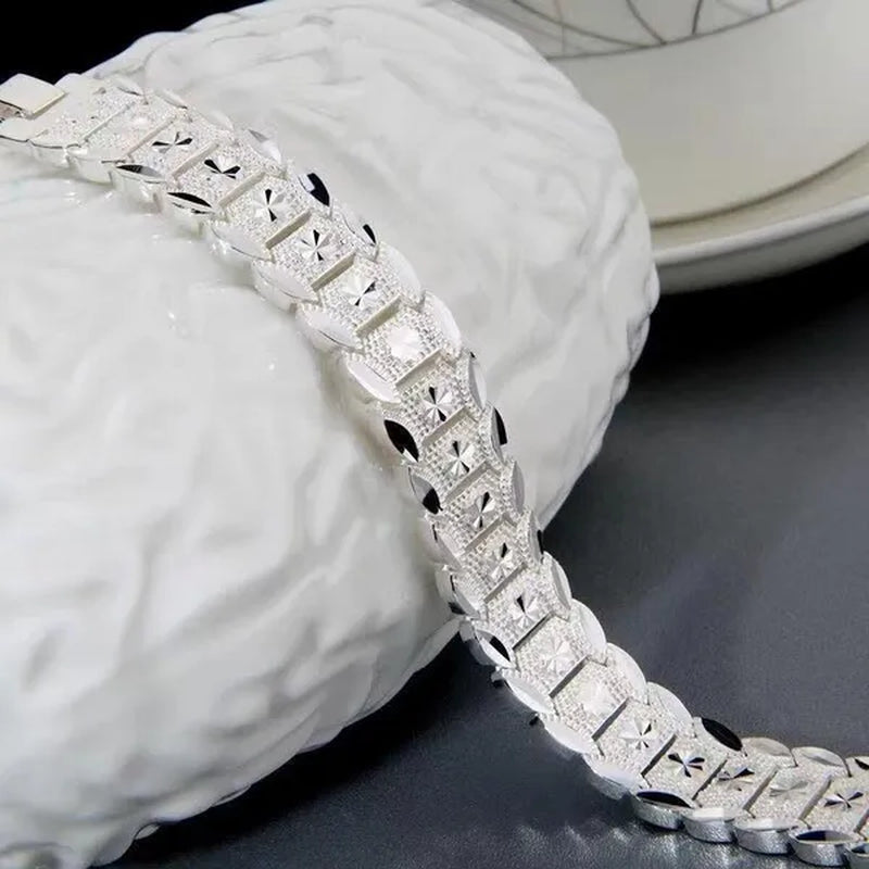 FASHION 925 Sterling Silver Men's Flower Detail Chain Bracelet