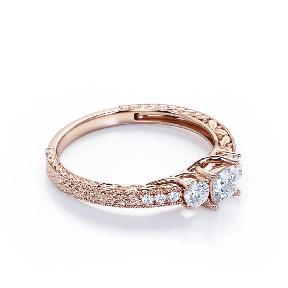 Vintage Half Carat Princess Cut Diamond - Channel Set Band - Edwardian Engagement Ring in 10K Rose Gold