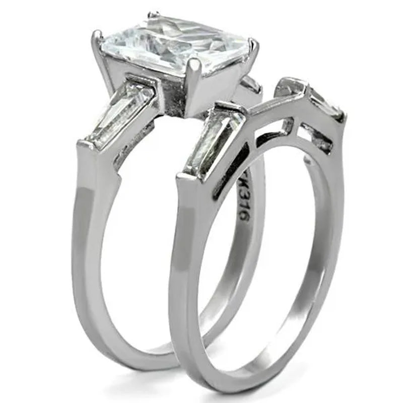 Women's Stainless Steel 316 Emerald Cut Zirconia Engagement Wedding Ring Set Size 5-10