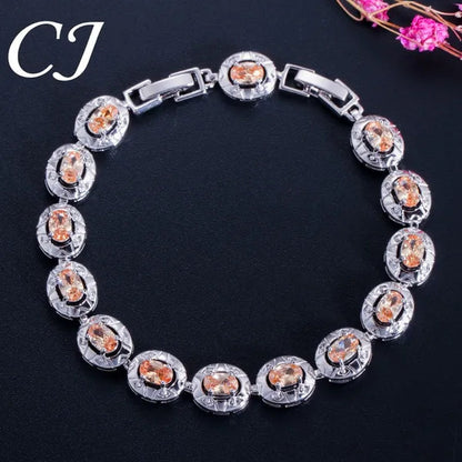 CANDICE Silver Plated Link Chain Bracelets Round Green Crystal Fashion Jewelry For Lady（Extended Clasp）